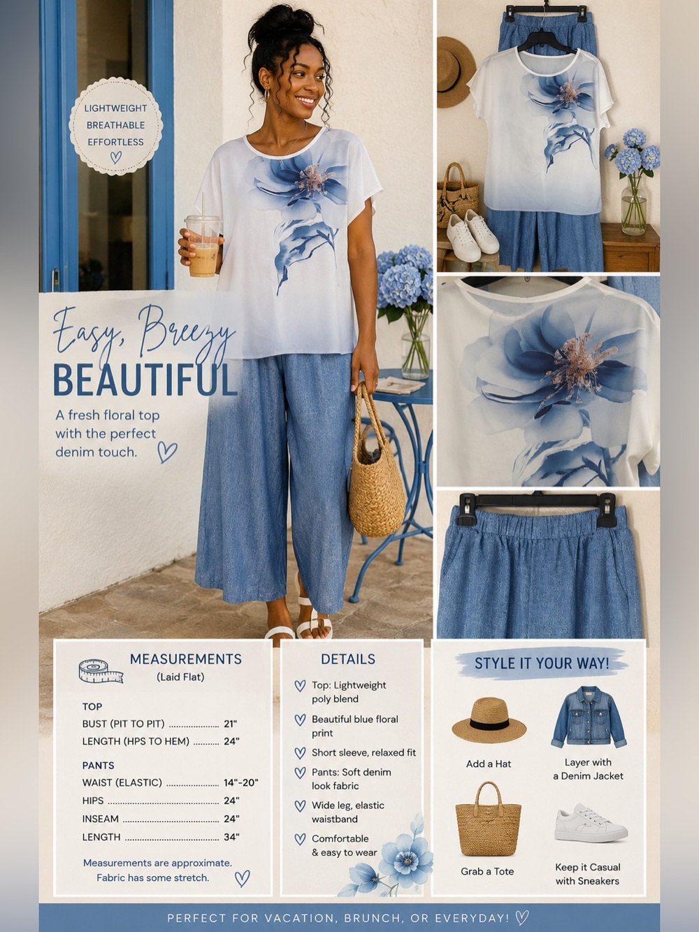 Blue Floral Blouse & Wide Leg Pants 2-Piece Set Relaxed Boho Outfit MED